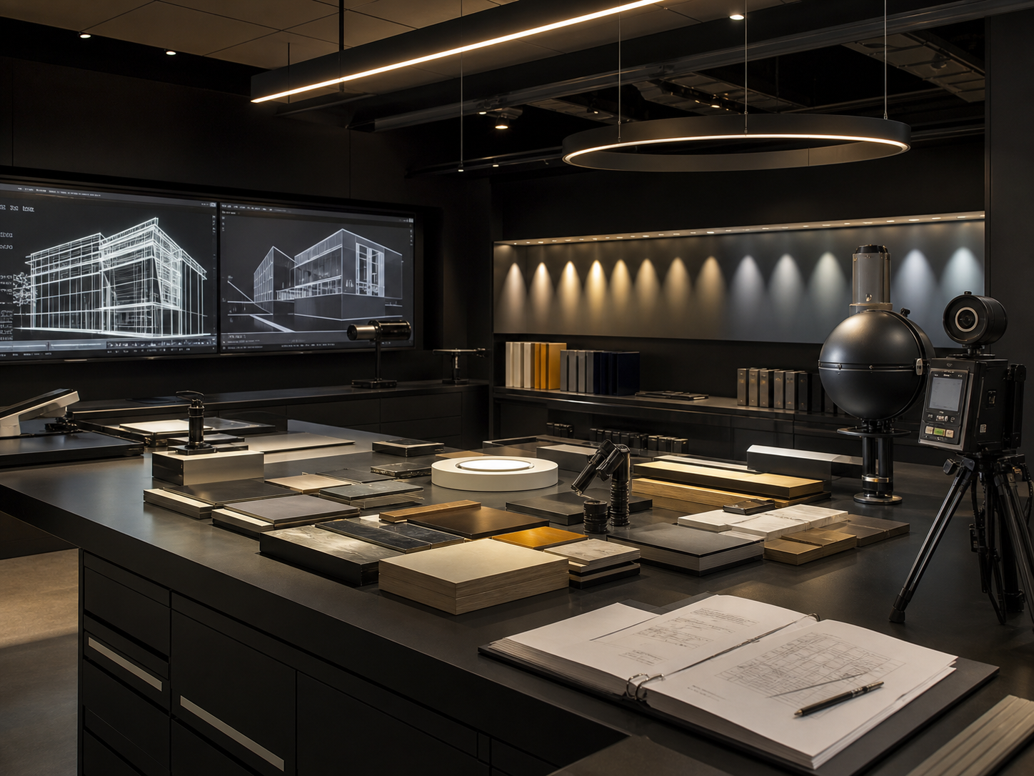 AI generated JD3 Academy research and certification studio with lighting test equipment and design screens.